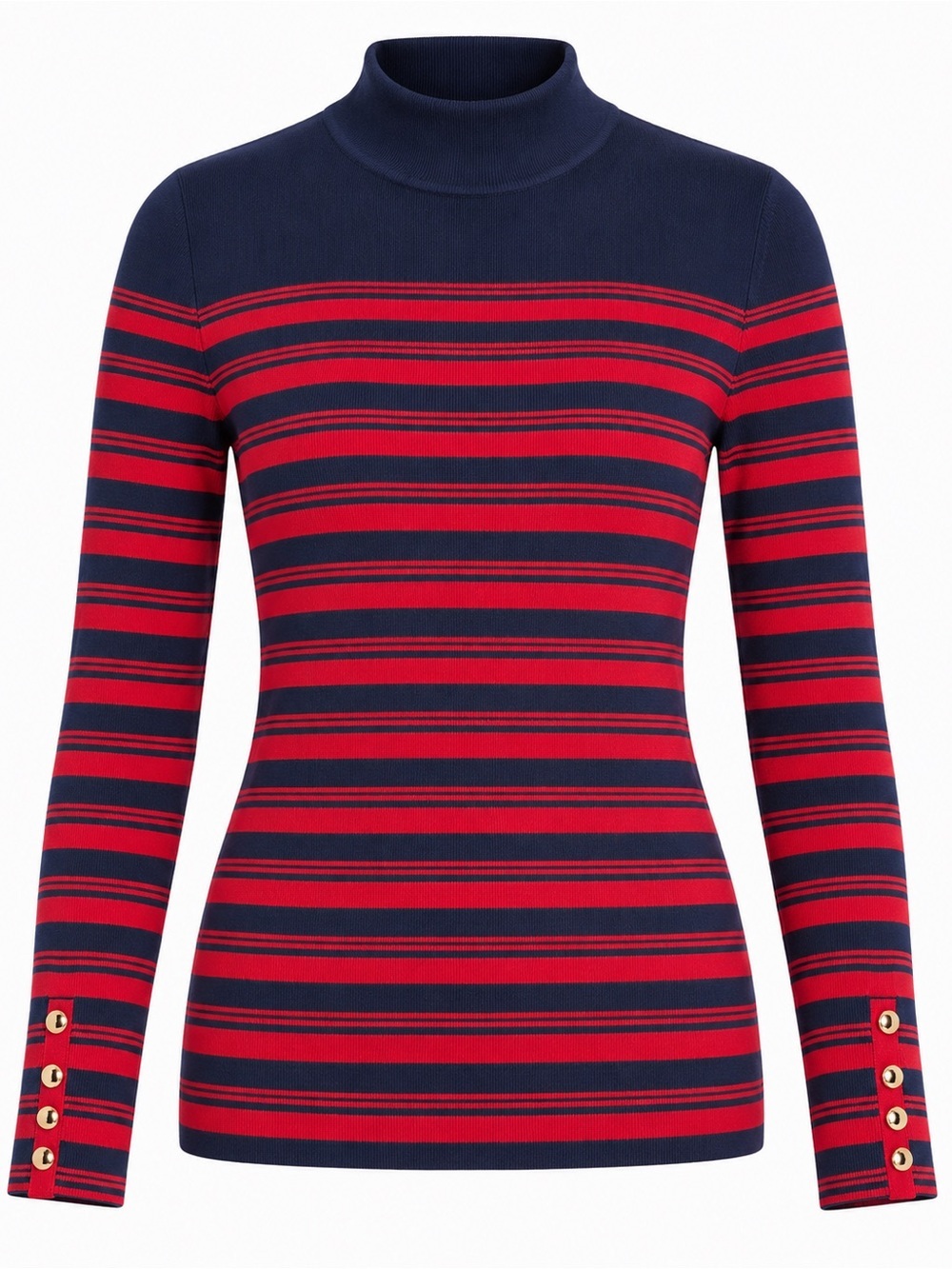 Splash Striped Mock Neck Sweater Navy Red Gold Buttons US 12